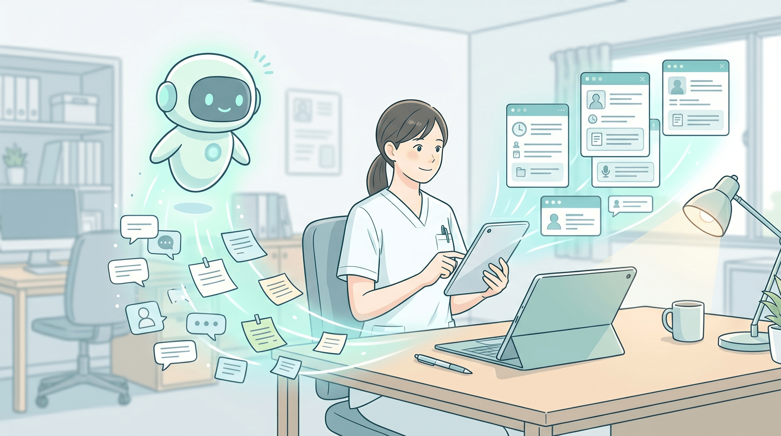 AIが訪問記録を整理するイラスト