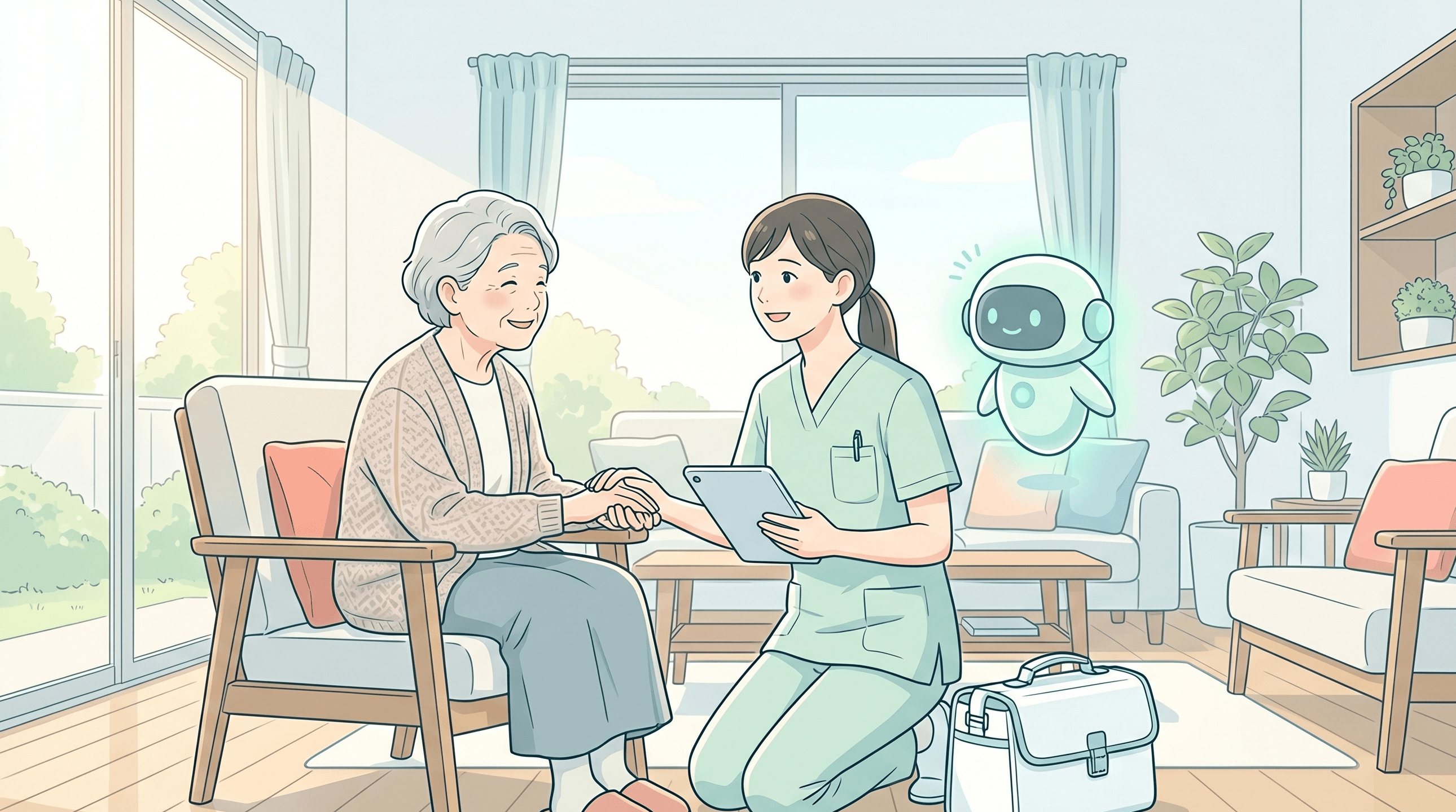 訪問看護の現場で看護師とAIが利用者さんを支えるイラスト