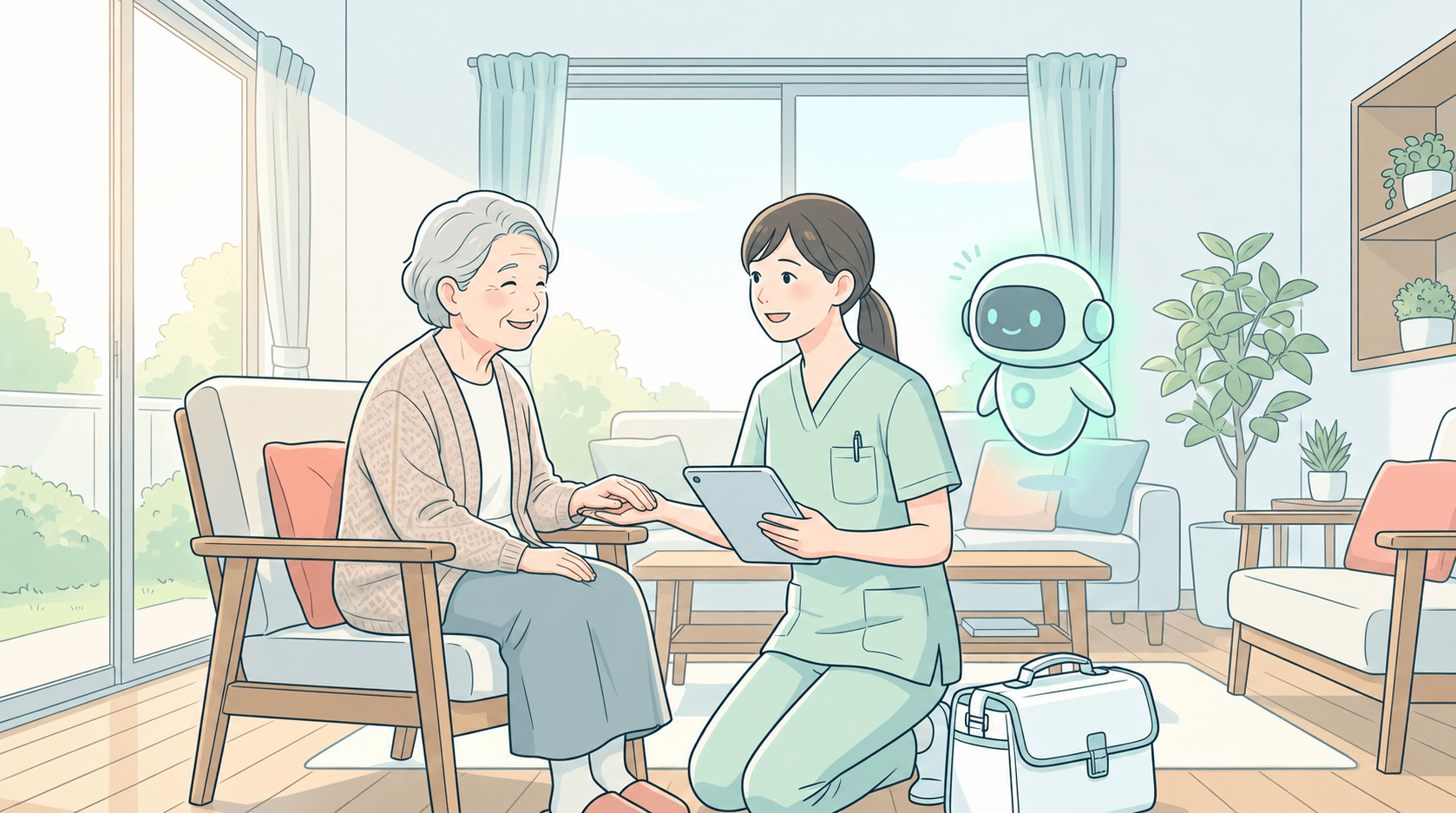 訪問看護の現場で看護師とAIが利用者さんを支えるイラスト