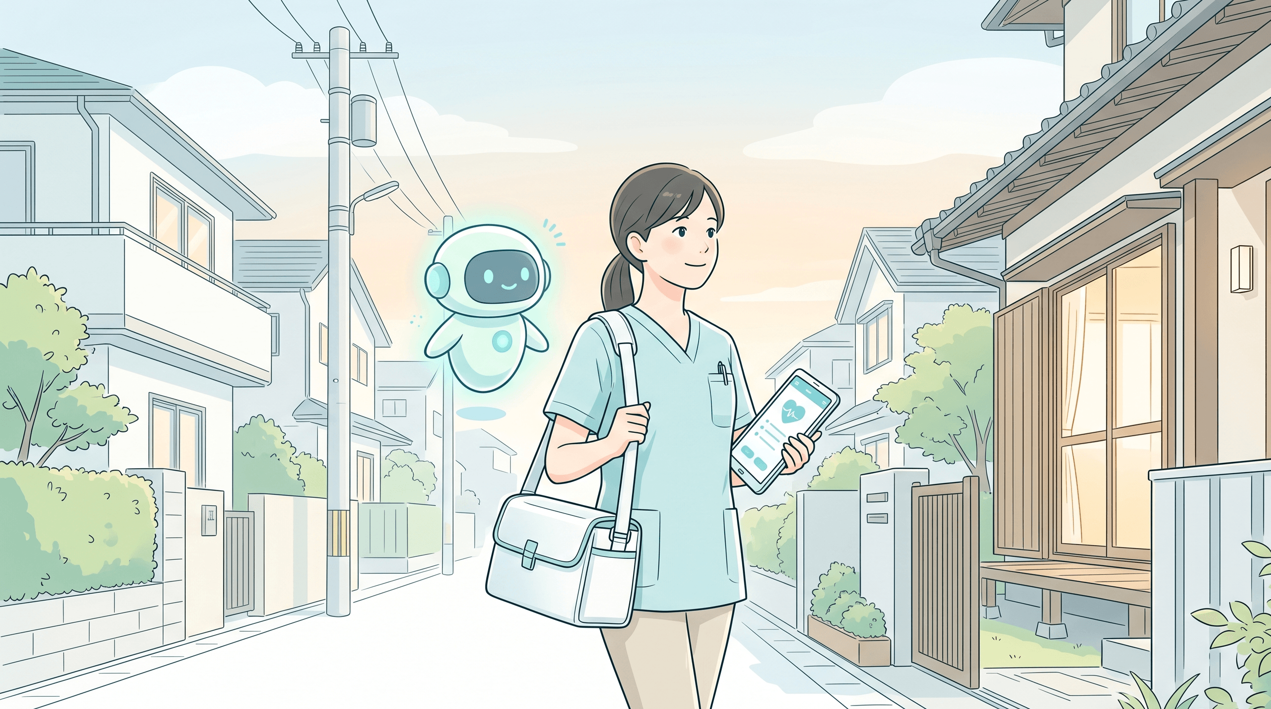 訪問先へ向かう看護師とAIアシスタントのイラスト
