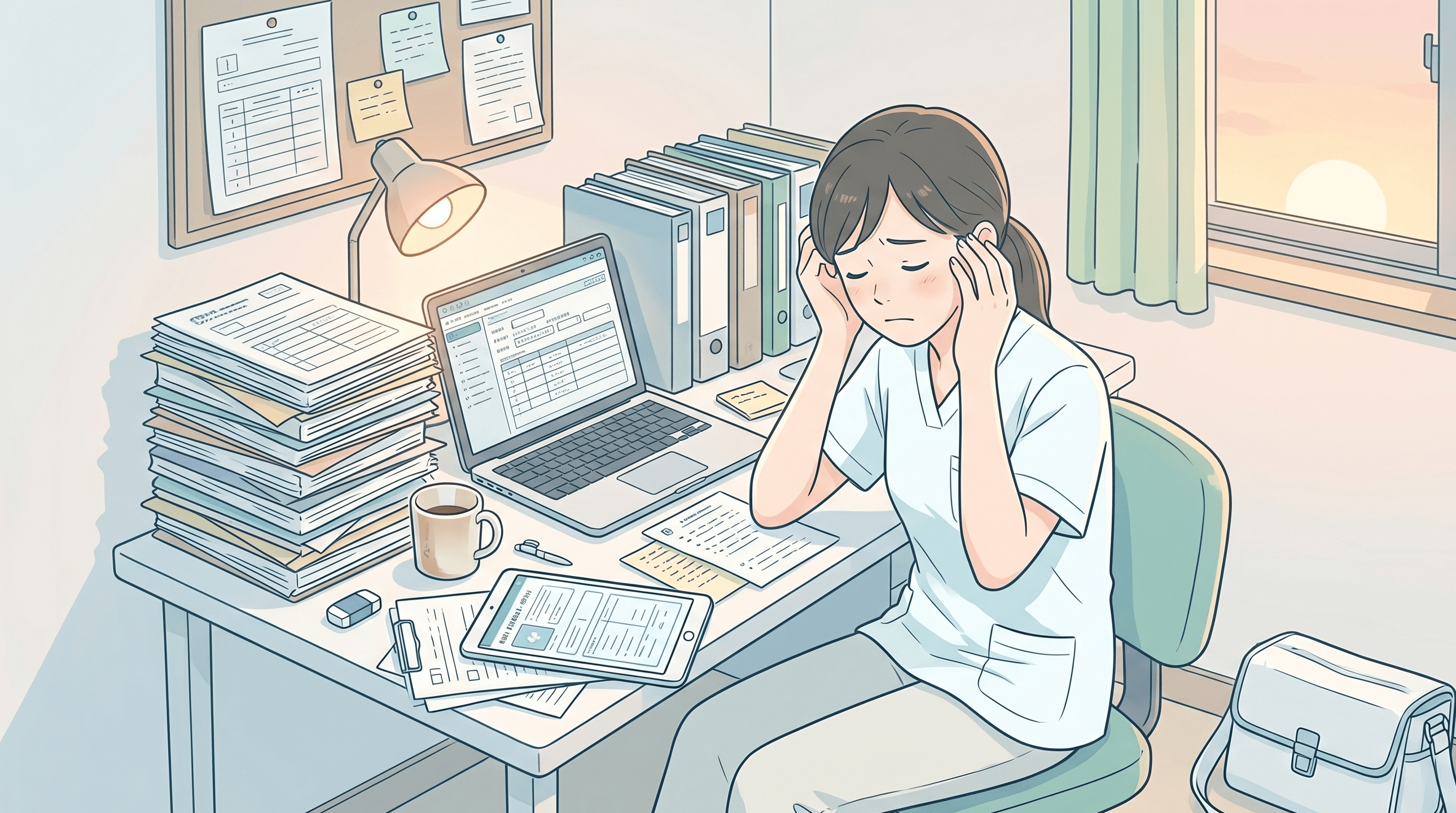 記録業務に追われる看護師のイラスト