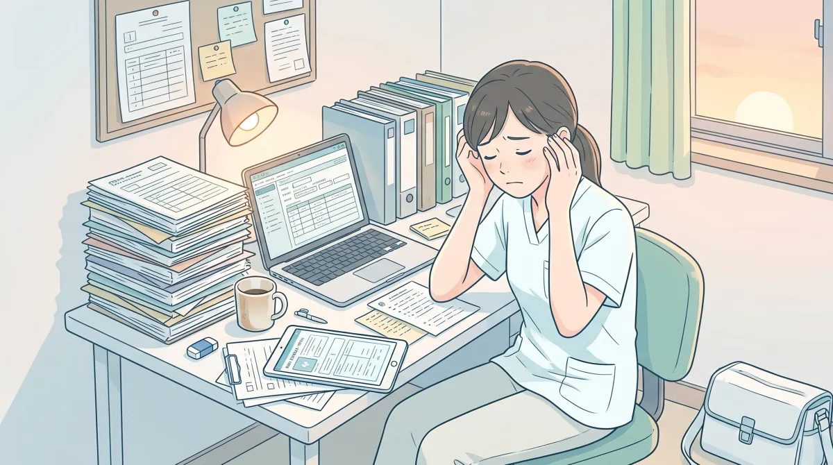 記録業務に追われる看護師のイラスト